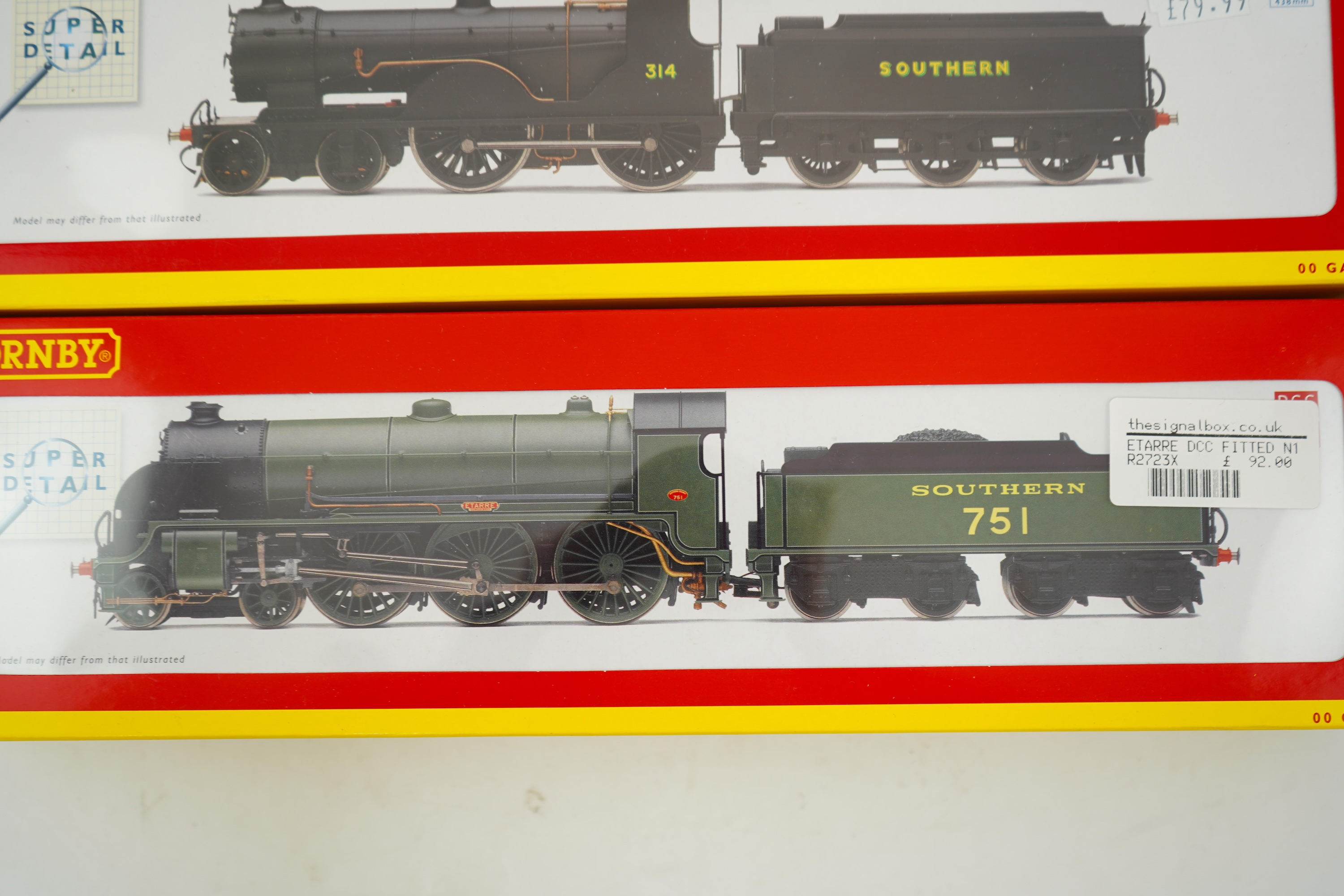 Two boxed Hornby Hobbies 00 gauge railway Southern Railway tender locomotives; a class T9, 314, (R2829), together with a class N15, Etarre 751, (R2723X)